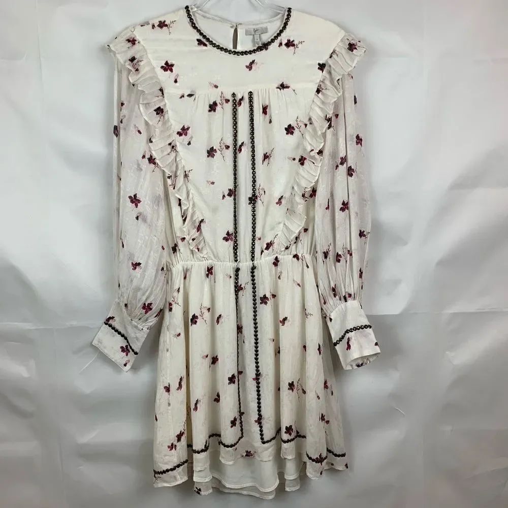 Joie Owena studded cream floral peasant high low mini dress